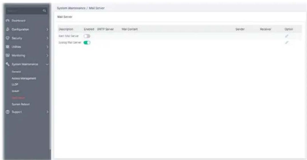 System Maintenance / Mail Server Mail Server Description Enabled SMTP Server Mail Content Sender Receiver Option Alert Mail Server Syslog Mail Server