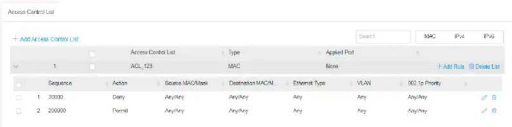 Access Control List + Add Access Control List Access Control List Type Applied Port ✓ 1 ACL_123 MAC None + Add Rule Delete List Sequence Action Source MAC/Mask Destination MAC/M... Ethernet Type VLAN 902.1p Priority 1 30000 Dany Any/Any Any/Any Any Any Any/Any 2 20000 Permit Any/Any Any/Any Any Any/Any