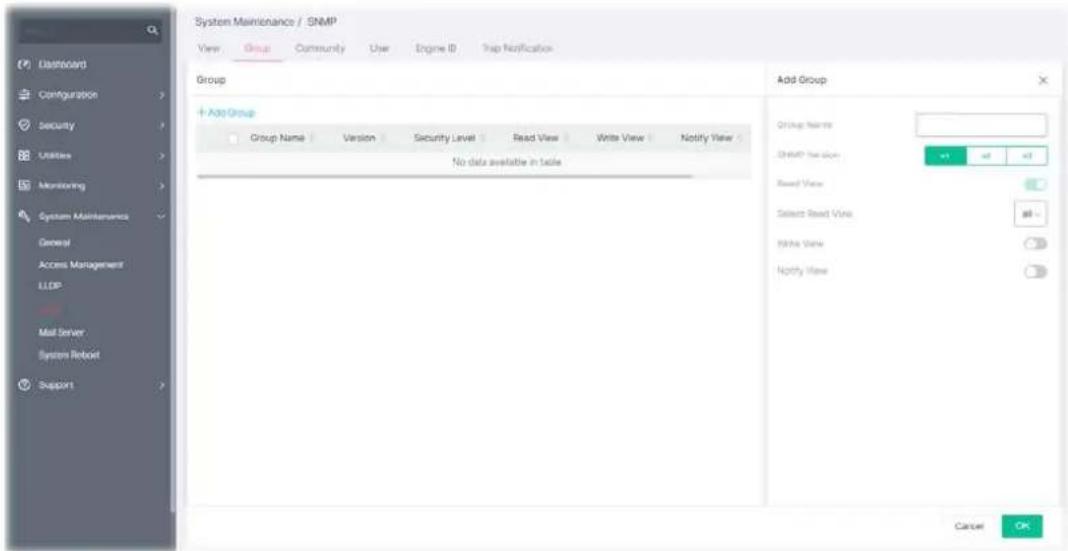 System Maintenance / SNMP View Group Community User Engine ID Trap Notification Group + Add Group Group Name Version Security Level Read View Write View Notify View No data available in table Add Group Group Name: SNMP the Sign Read View Select Read Vina Notes View Notify View Cancer OK