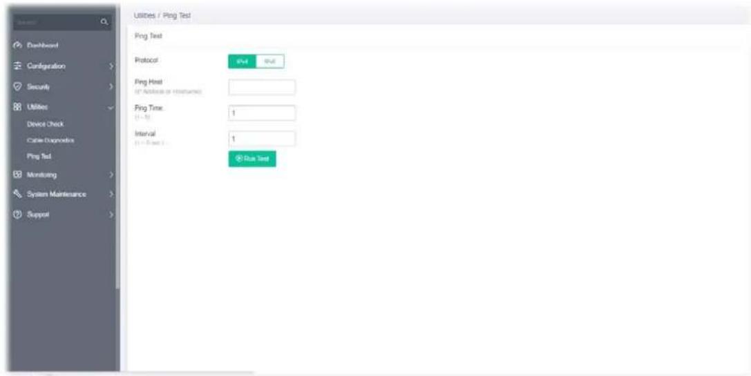 Dachboard Configuration Security Utilities Device Check Cable Diagnostics Ping Test Monitoring System Maintenance Support Utilities / Ping Test Ping Test Protocol Png Host (1st Audience of Monitoring) Ping Time (1-5) Interval (1-5) (2) Png Test Png Host 1 1 1 Png Test
