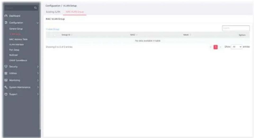 Configuration / VLAN Setup Existing VLAN MAC VLAN Group MAC VLAN Group → Add Group Group ID MAC Mask Option No data available in Table Showing 0 to 0 of 0 entries Show All entries