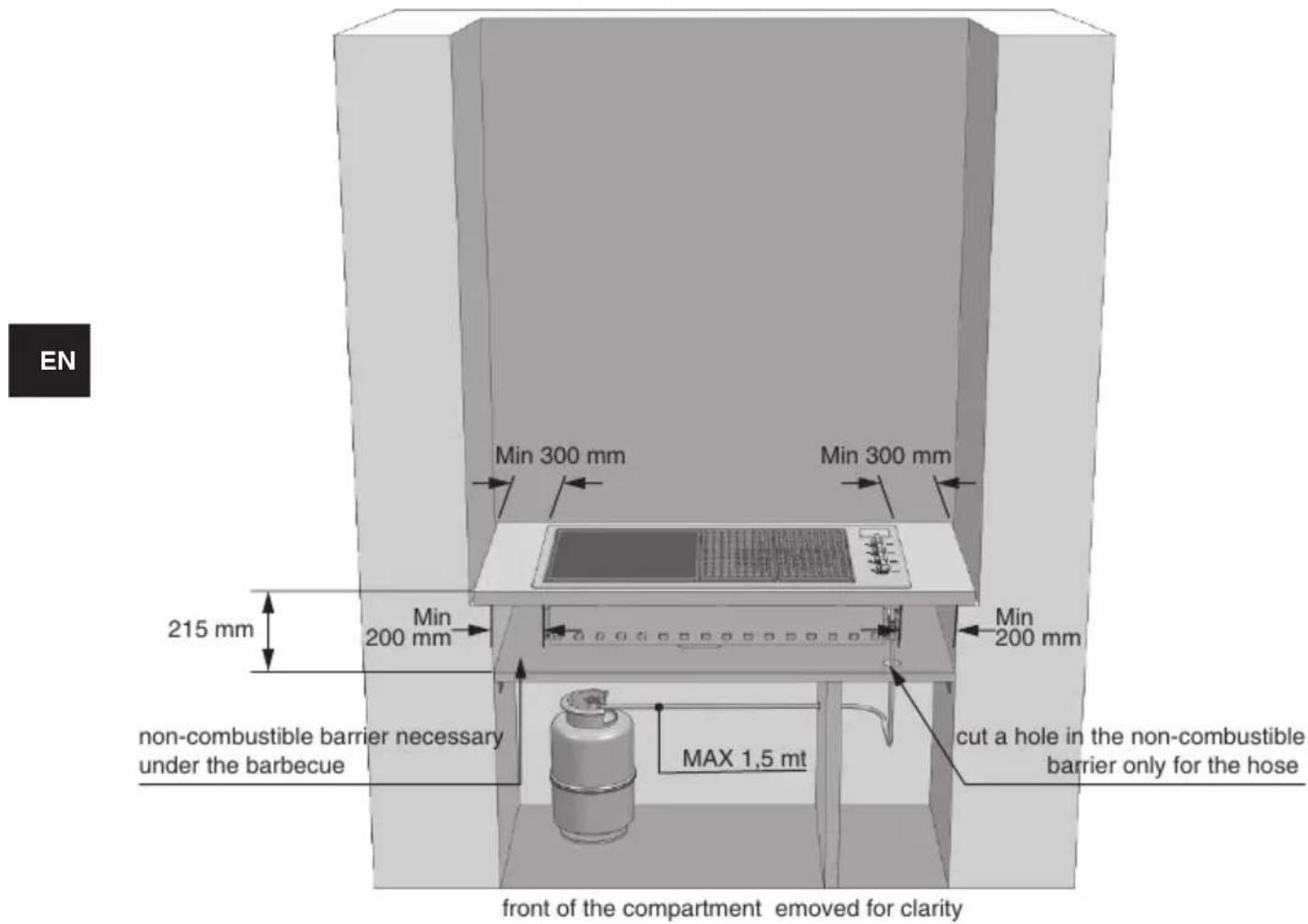 EN Min 300 mm Min 300 mm 215 mm Min 200 mm non-combustible barrier necessary under the barbecue MAX 1,5 mt cut a hole in the non-combustible barrier only for the hose front of the compartment emoved for clarity