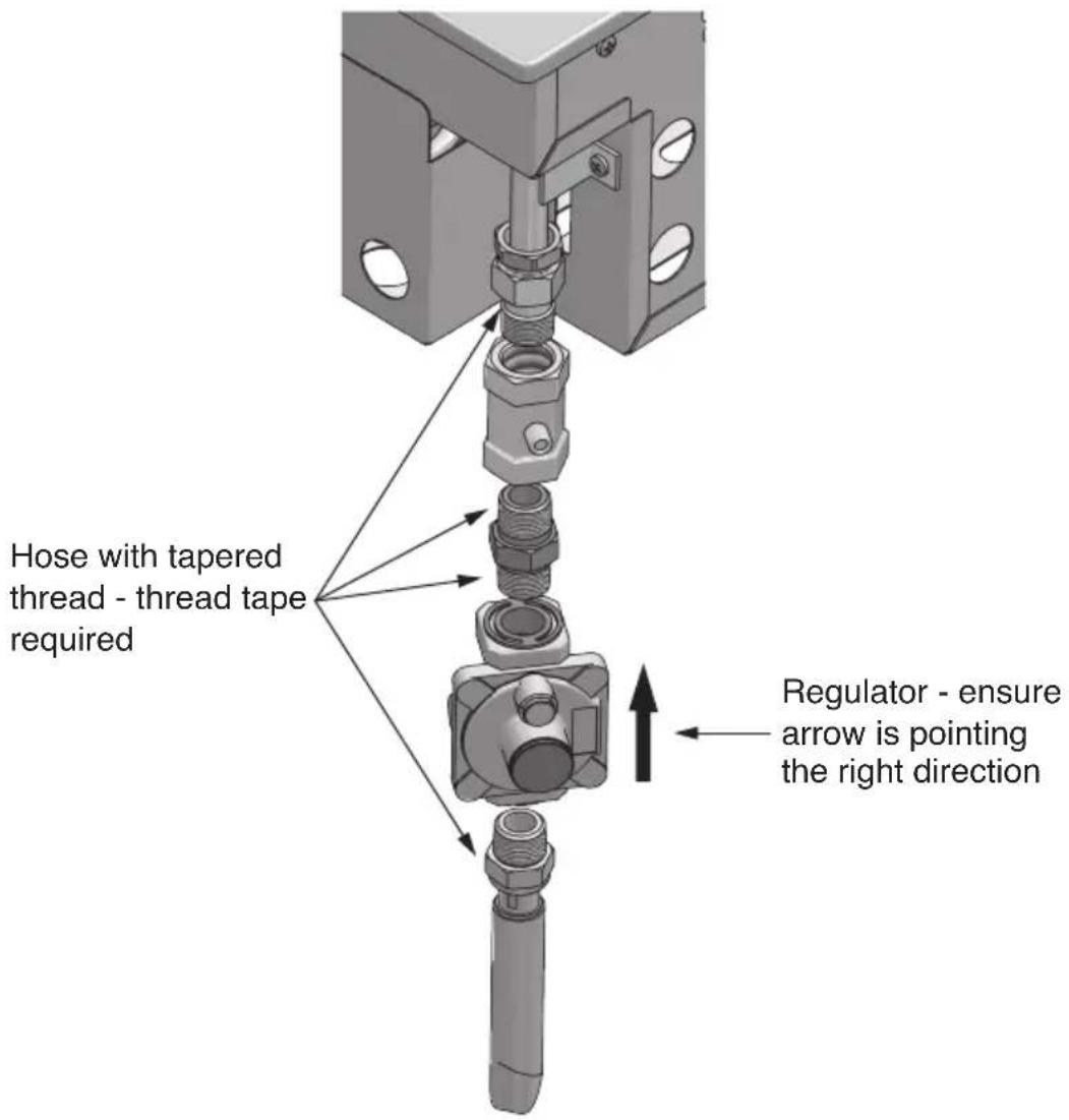 Hose with tapered thread - thread tape required Regulator - ensure arrow is pointing the right direction