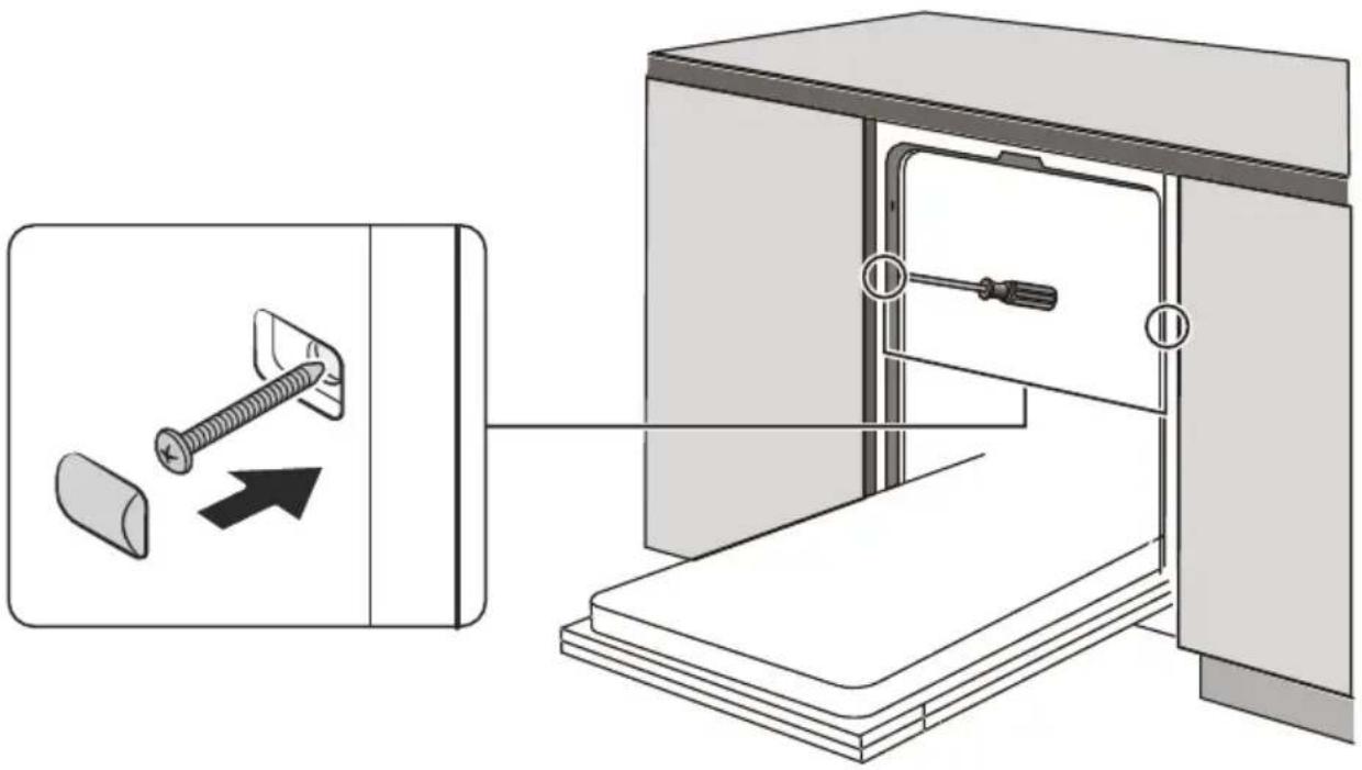Diagram showing installation of a wall-mounted device with screws and a switch, alongside a magnified view of the component being inserted.