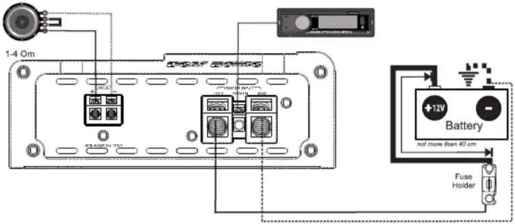 1-4 Om 12V POWER INPUT 12V TENTIL GND SEAK OUTPUT Battery +12V not more than 40 cm Fuse Holder
