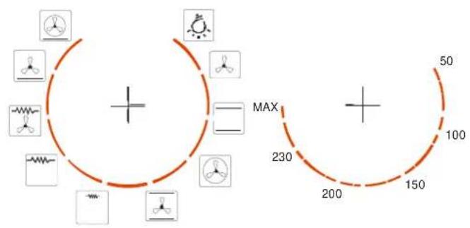 Diagram showing two circular layout layouts with symbols and numerical labels, possibly representing electrical or mechanical components.