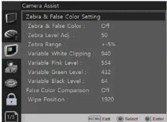 Camera Assist Zebra & False Color Setting Zebra & False Color : Off Zebra Level Adj. : 50 Zebra Range : +-5% Variable White Clipping : 940 Variable Pink Level : 554 Variable Green Level : 432 Variable Black Level : 64 False Color Comparison : Off Wipe Position : 1920 MENU Exit Select Enter