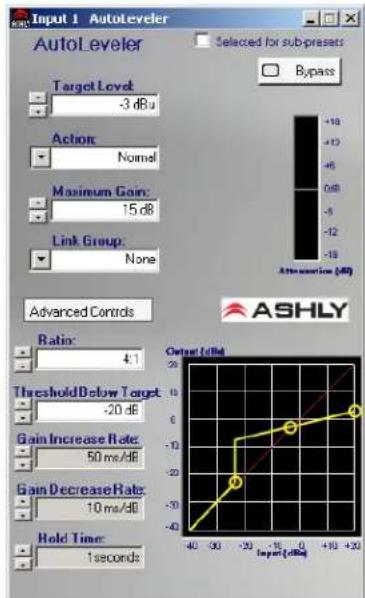 Input 1 Autolveler AutoLeveler Target Level: -3 dBu Action: Normal Maximum Gain: 15 dB Link Group: None Advanced Controls Ratio: 4:1 Threshold Below Target: -20 dB Gain Increase Rate: 50 ms/dB Gain Decrease Rate: 10 ms/dB Hold Time: 1 seconds Selected for sub-presets Bypass After insertion (dB) Output (dB) ASHLY -40 -30 -20 -10 -0 -40 -30 -20 -10 -0 +18 +13 +6 0 dB -5 -12 -19 -40 -30 -20 -10 -0