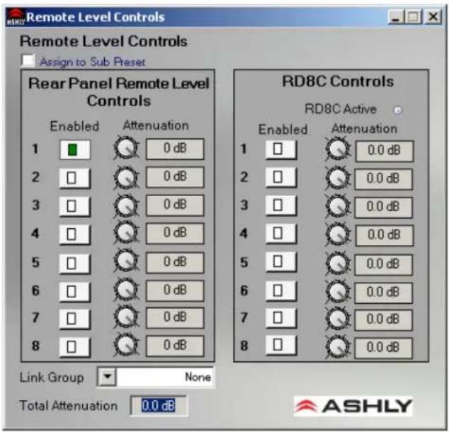Remote Level Controls Remote Level Controls Assign to Sub Preset Rear Panel Remote Level Controls Enabled Attenuation 1 0 dB 2 0 dB 3 0 dB 4 0 dB 5 0 dB 6 0 dB 7 0 dB 8 0 dB Link Group None Total Attenuation 0.0 dB RD8C Controls RD8C Active Enabled Attenuation 1 0.0 dB 2 0.0 dB 3 0.0 dB 4 0.0 dB 5 0.0 dB 6 0.0 dB 7 0.0 dB 8 0.0 dB ASHLY