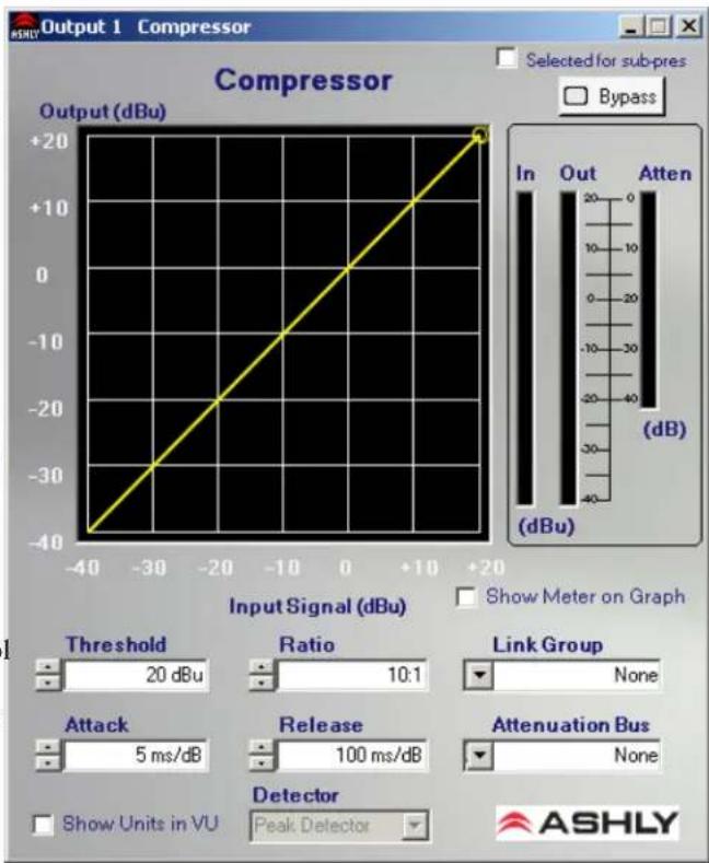 Output 1 Compressor Compressor Selected for sub-pres Bypass Output (dBu) In Out Atten (dB) (dBu) Input Signal (dBu) Show Meter on Graph Threshold 20 dBu Ratio 10:1 Link Group None Attack 5 ms/dB Release 100 ms/dB Attenuation Bus None Show Units in VU Detector Peak Detector ASHLY