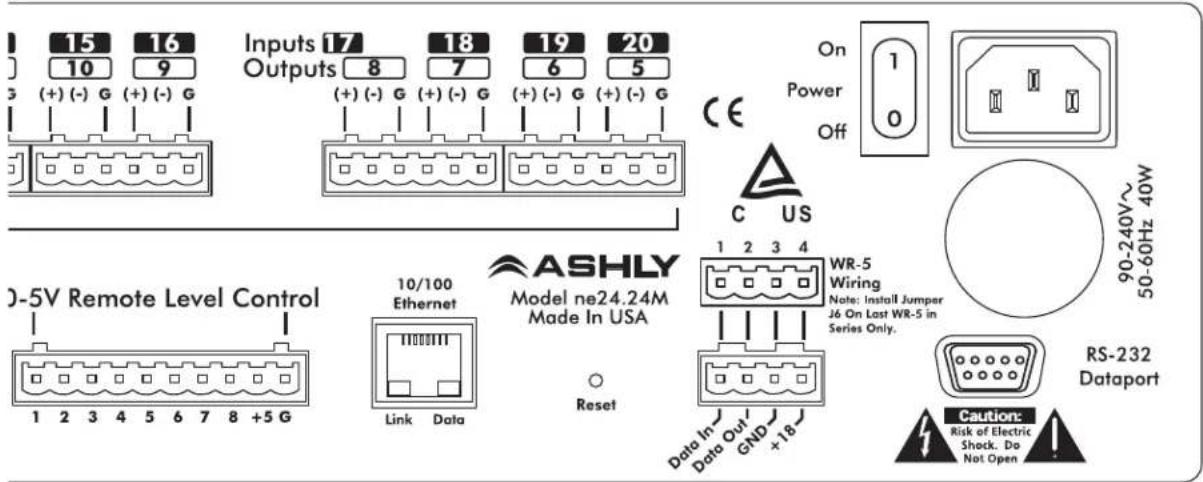 15 16 10 9 (+) (-) G (+) (-) G Inputs 17 18 19 20 Outputs 8 7 6 5 (+) (-) G (+) (-) G (+) (-) G (+) (-) G CE On Power Off C US 0-5V Remote Level Control 10/100 Ethernet Link Data ASHLY Model ne24.24M Made In USA Reset WR-5 Wiring Note: Install Jumper J6 On Lost WR-5 in Series Only. Data In Data Out GND +18 90-240V~ 50-60Hz 40W RS-232 Dataport Caution: Risk of Electric Shock. Do Not Open