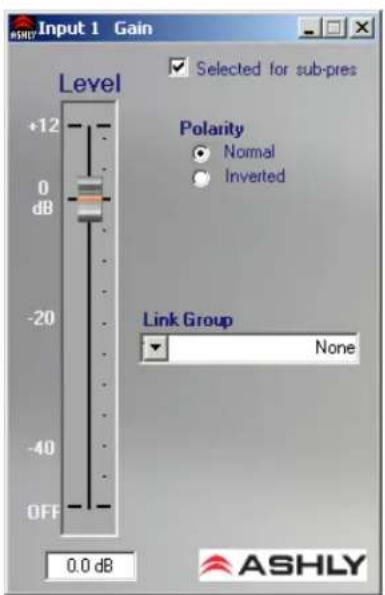 Input 1 Gain Selected for sub-pres Level +12 0 dB -20 -40 OFF 0.0 dB Polarity Normal Inverted Link Group None ASHLY