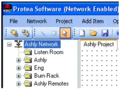 Protea Software (Network Enabled) File Network Project Add Item Op Ashly Network Listen Room Ashly Eng Burn Rack Ashly Remotes Ashly Project