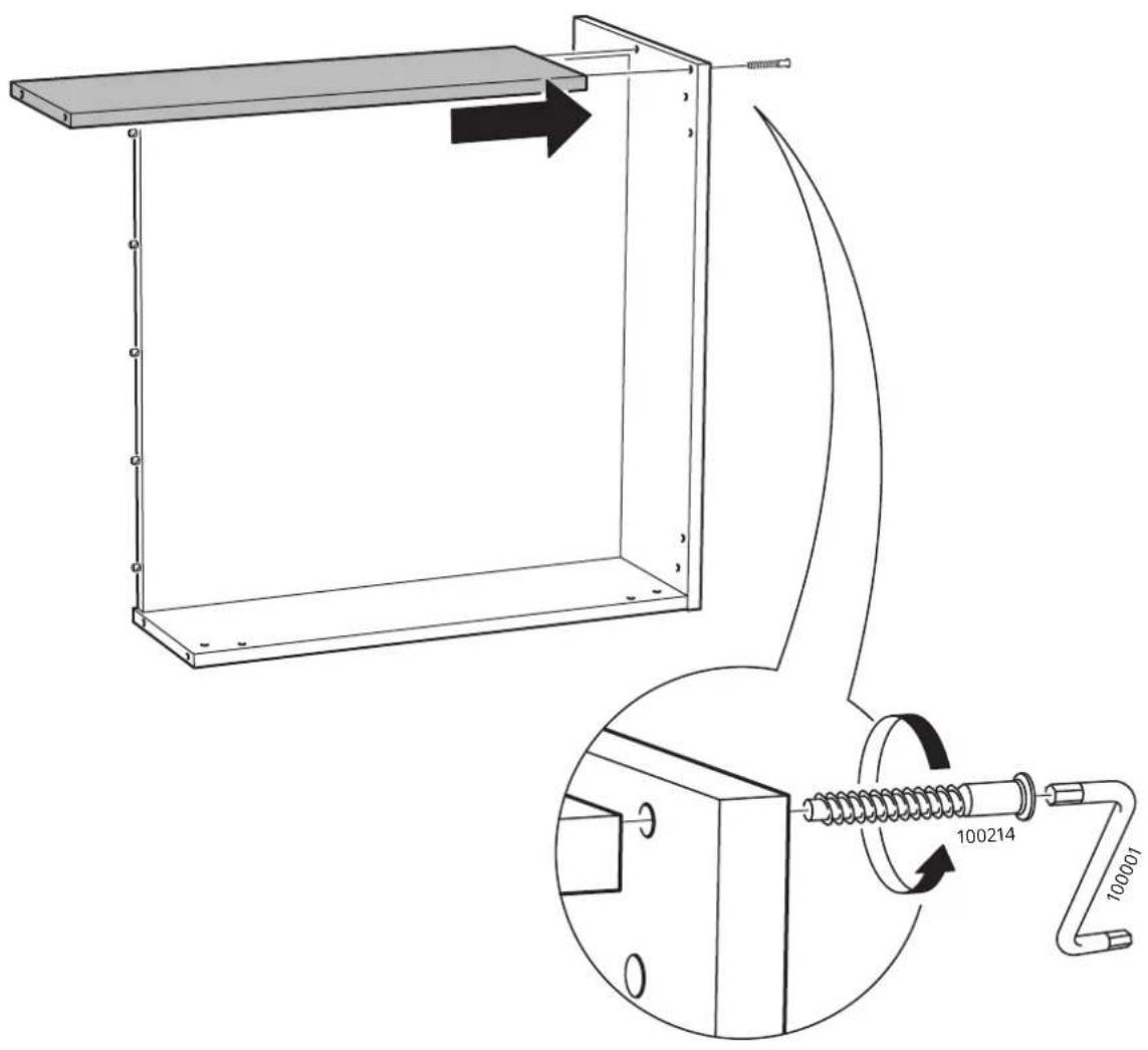 Technical diagram showing a mechanical assembly with labeled components and directional arrows indicating motion or assembly.