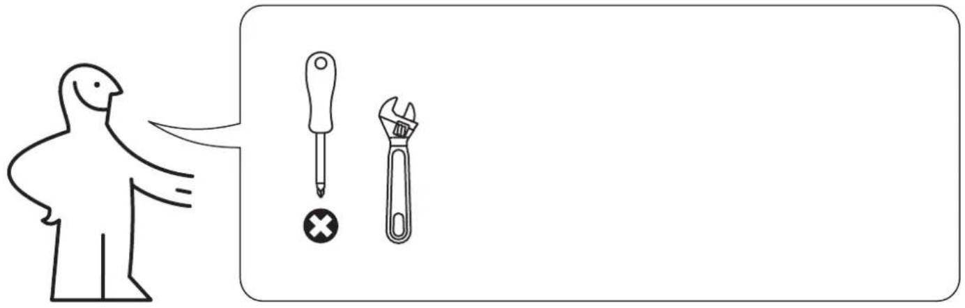 Diagram showing a person pointing to two wrenches with different tool icons, one marked with a cross symbol.