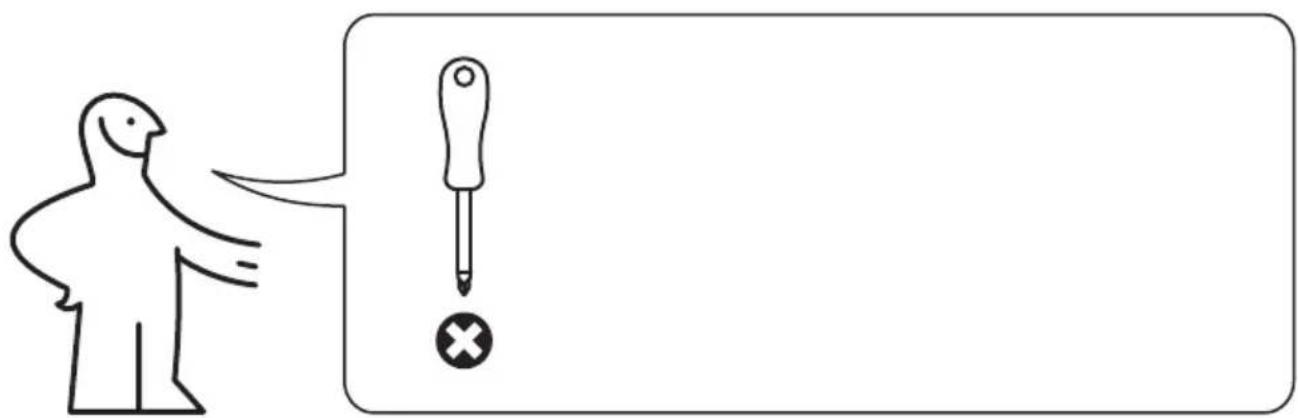 Diagram showing a person pointing to a screwdriver with an exclamation mark, likely illustrating a warning or error.