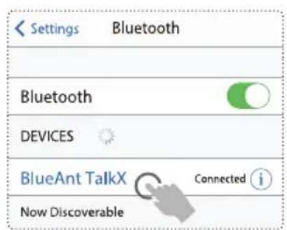 Settings Bluetooth Bluetooth DEVICES BlueAnt TalkX Connected i Now Discoverable
