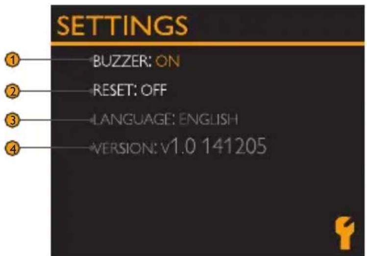SETTINGS ① BUZZER: ON ② RESET: OFF ③ LANGUAGE: ENGLISH ④ VERSION: v1.0 141205