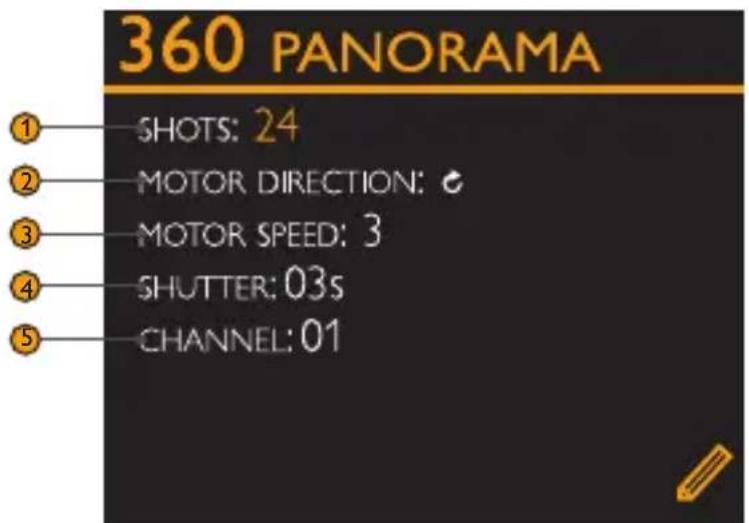 360 PANORAMA ① SHOTS: 24 ② MOTOR DIRECTION: ③ MOTOR SPEED: 3 ④ SHUTTER: 03s ⑤ CHANNEL: 01