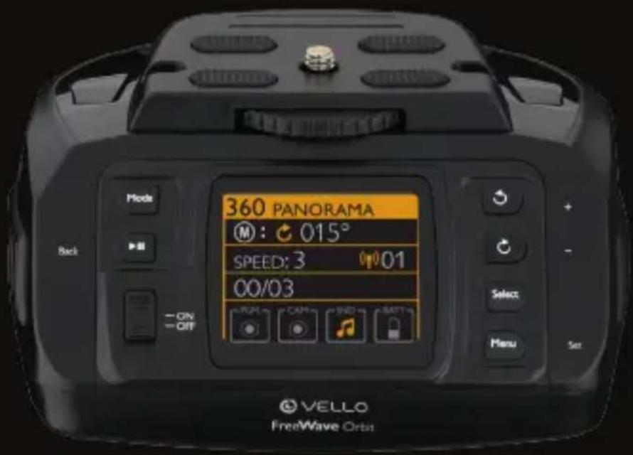 360 PANorama M: 015° SPEED: 3 00/01 00/03 ON OFF Back Mode Select Menu Set VELLO FreeWave Orbit