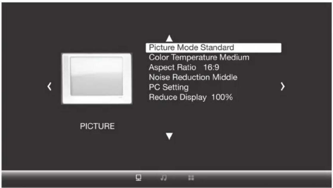 Picture Mode Standard Color Temperature Medium Aspect Ratio 16:9 Noise Reduction Middle PC Setting Reduce Display 100%