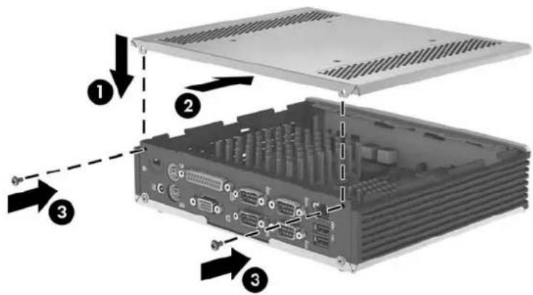 Diagram of an internal computer drive showing labeled components including rear, front, and internal ports with arrows indicating assembly or status.