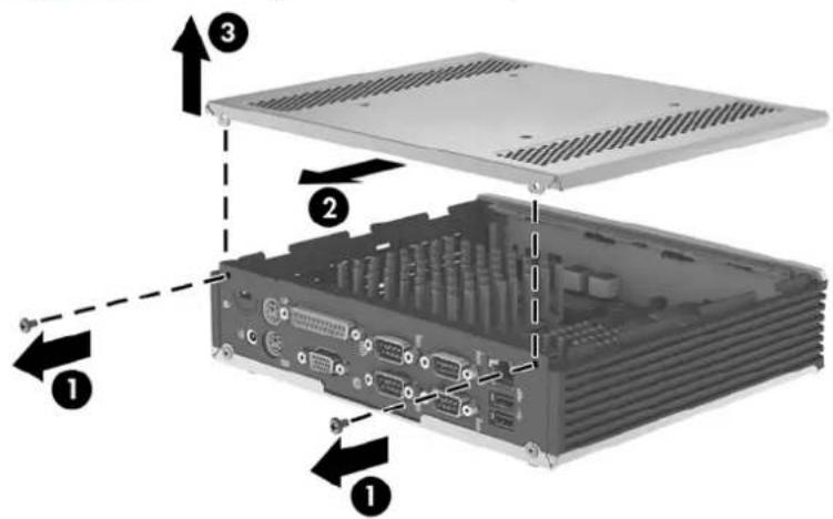 Diagram of an internal computer chassis showing labeled components and directional arrows indicating assembly or status.