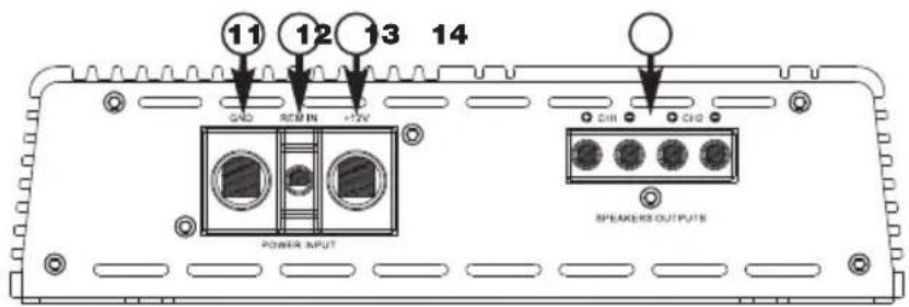 11 12 13 14 GND REMIN +12V POWER INPUT CHD CHD SPEAKERS OUTPUTS