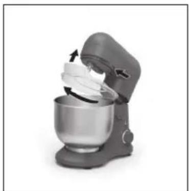 Gray kitchen mixer with rotating fan and handle, no visible text or symbols