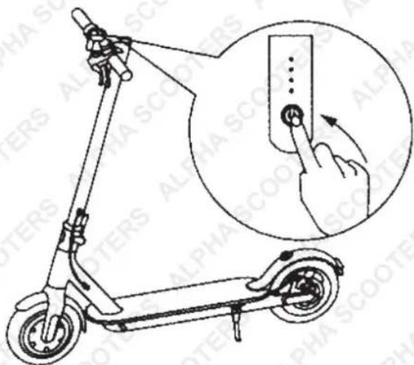 Diagram of an electric scooter with a hand pressing a button, showing a close-up of the button's insertion.