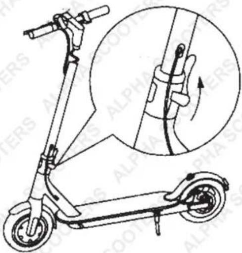 Diagram of an electric scooter with labeled parts and a magnified inset showing hand placement and rotation direction.