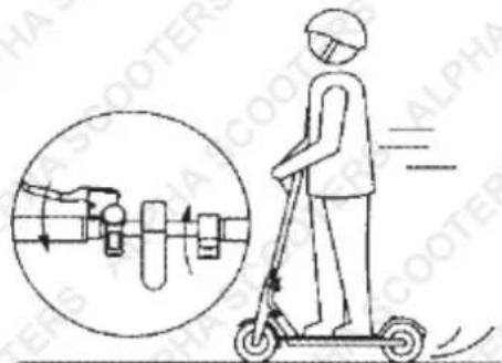 Diagram illustrating scooter motion with a person on a scooter and a magnified circular view showing internal mechanical components.