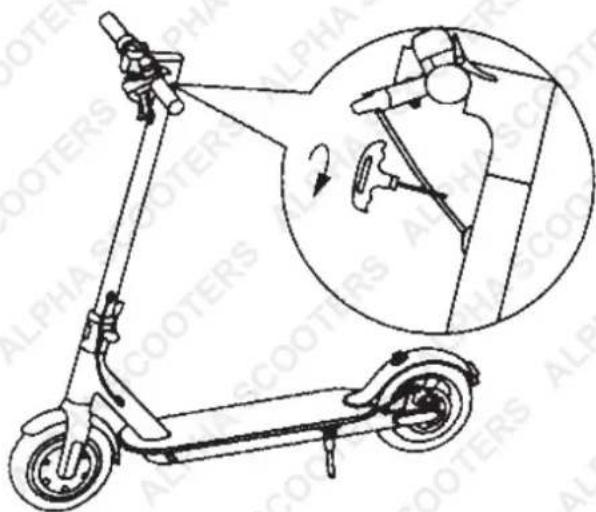 Diagram of a scooter with labeled parts and an inset showing a hand operating the wheel, annotated with 'ALPHA SCOTERS' text.