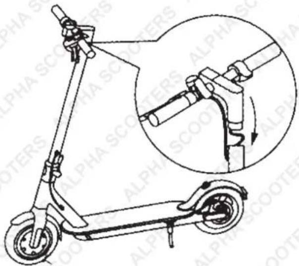 Technical diagram of an electric scooter with labeled components and a magnified inset showing internal mechanism.