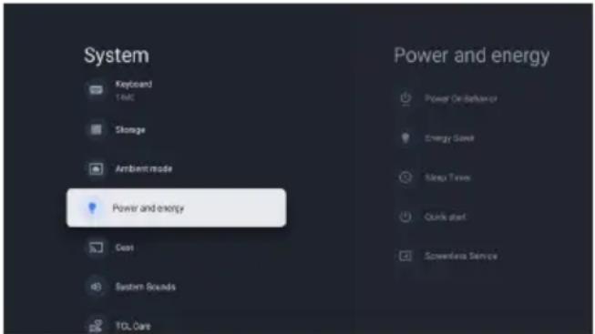 System Keyboard TIME Storage Ambient mode Power and energy Cout System Sounds TOL Care Power and energy Power On Behavior Energy Saver Sleep Tower Quick start Screenless Service