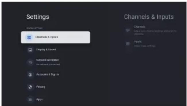 Settings Signal Attiret Channels & Inputs Display & Sound Networks & Internet My network is announced Accounts & Sign In Privacy Apps Channels & Images & channels & inputs and screen for Internet Inputs Images & inputs settings