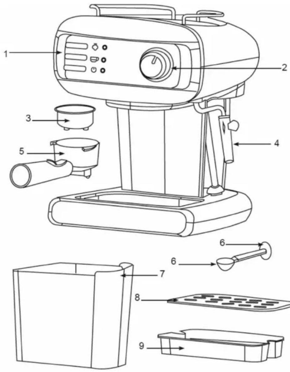 Technical diagram of a coffee maker with numbered parts for identification and assembly reference.