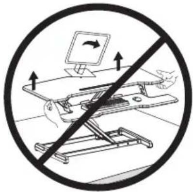 Diagram showing a crossed-out desk with computer monitor and directional arrows, indicating no movement or operation.