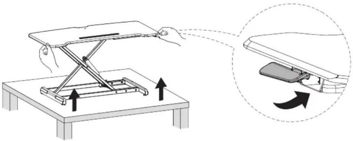 Diagram illustrating a folding or lifting process on a table, with an inset showing the mechanism being lifted.