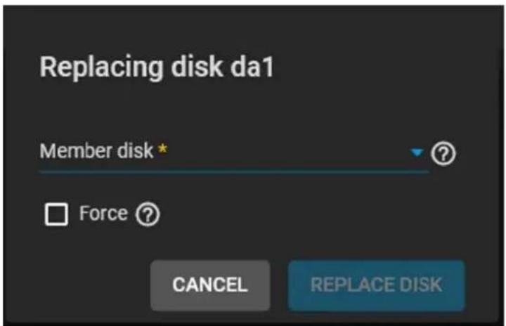 Replacing disk da1 Member disk * Force ? CANCEL REPLACE DISK