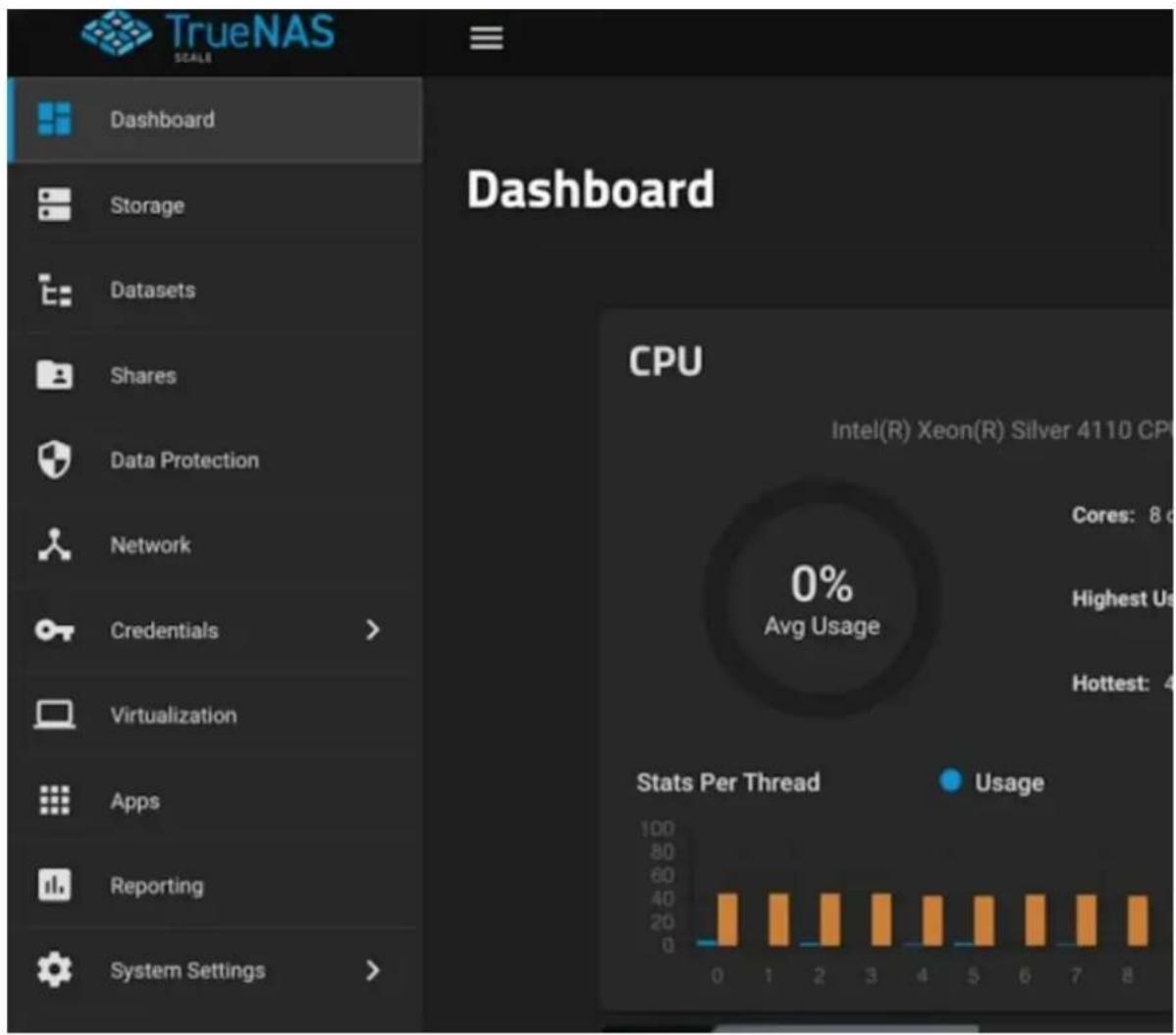 TrueNAS SEALI Dashboard Storage Datasets Shares Data Protection Network Credentials > Virtualization Apps Reporting System Settings > Dashboard CPU Intel(R) Xeon(R) Silver 4110 CPU 0% Avg Usage Cores: 8 d Highest Us Hottest: 4 Stats Per Thread Usage 100 80 60 40 20 0 0 1 2 3 4 5 6 7 8 100