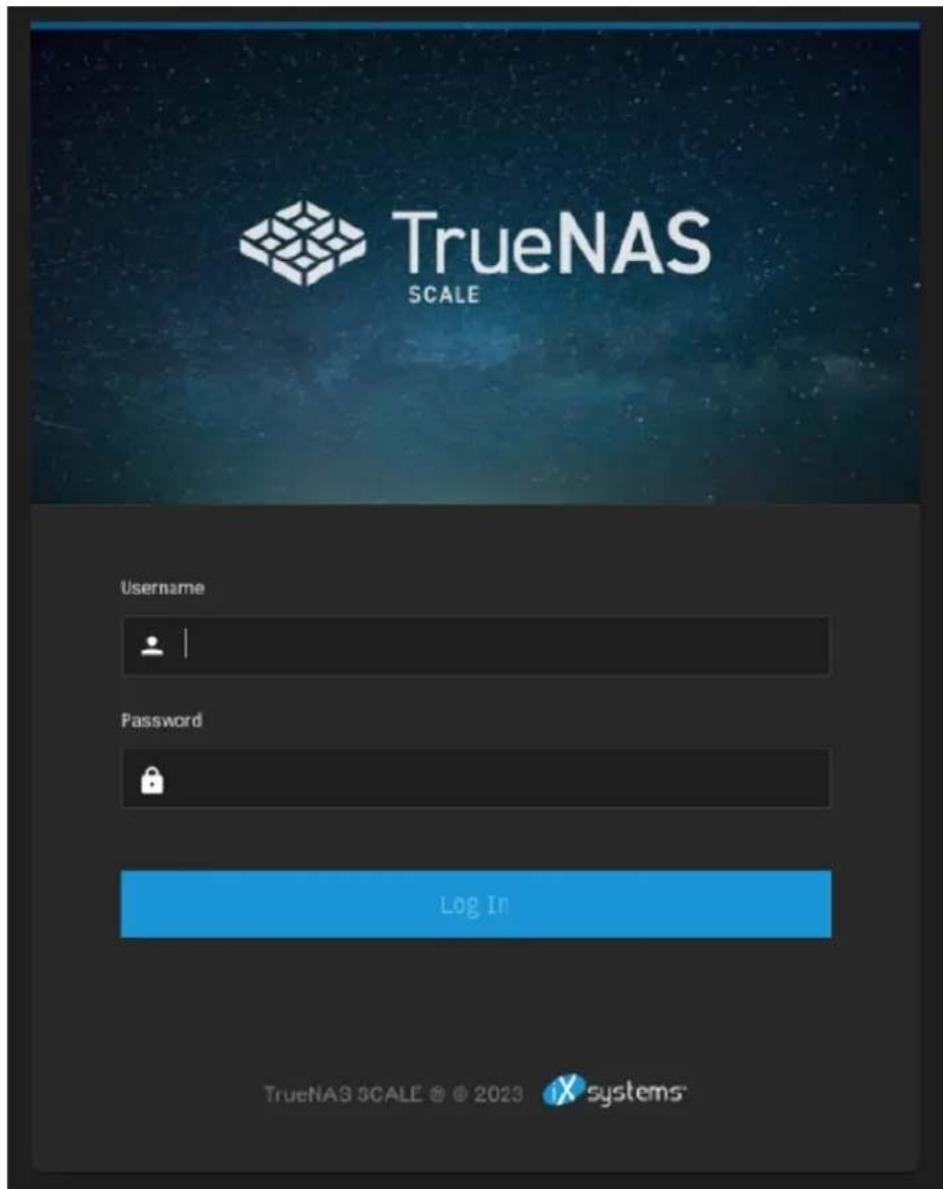 TrueNAS SCALE Username Password Log In TrueNAS SCALE © 2023 iX systems