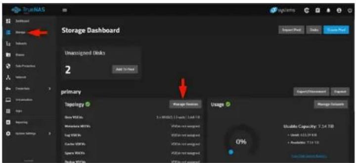 TrueNAS Storage Dashboard Unassigned disks 2 Primary Topology Save VM30s Monstrate VM30s Log VM30s Cache VM30s Space VM30s Log VM30s Storage Server Manage Server Storage Server Manage Capacity: 7.54 TB • Default: 10.29 KB • Download: 7.14 TB 0%