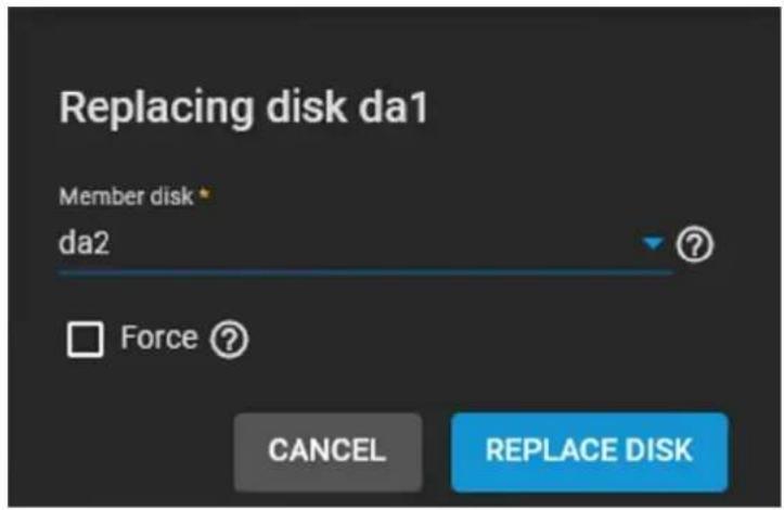 Replacing disk da1 Member disk da2 Force ? CANCEL REPLACE DISK