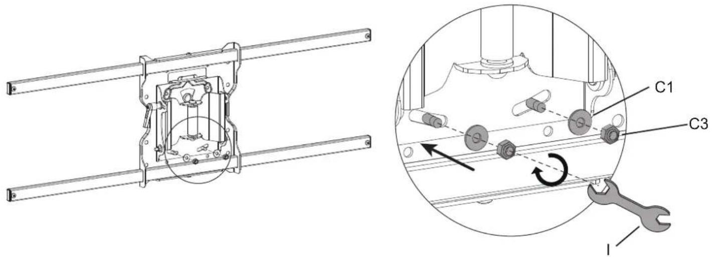 Technical diagram showing mechanical assembly with labeled parts C1, C3 and a wrench tool, including a circular inset illustrating the mechanism.