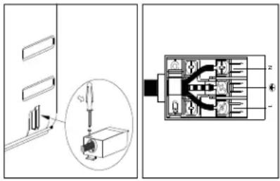 Technical diagram showing a component being inserted into a housing panel, with an inset close-up highlighting the insertion point.