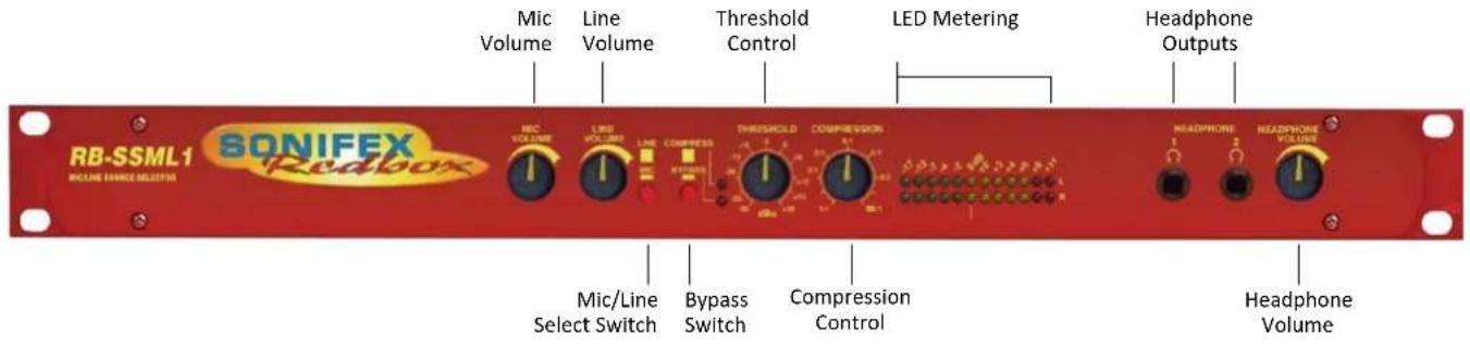 RB-SSML1 SONIFEX INCLUDE SERVICE ELECTR Mic Volume Line Volume Threshold Control LED Metering Headphone Outputs MIC VOLUME LINE VOLUME LINE COMPRESS THRESHOLD COMPRESSION Mic/Line Select Switch Bypass Switch Compression Control HEADPHONE HEADPHONE VOLUME Headphone Volume