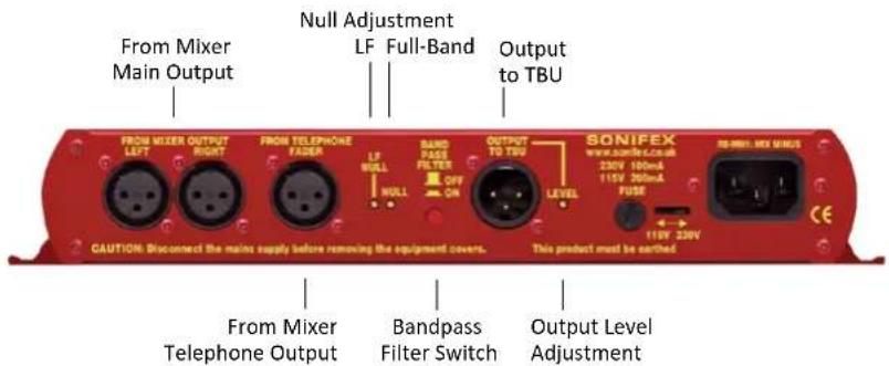 From Mixer Main Output Null Adjustment LF Full-Band Output to TBU FROM MIXER OUTPUT LEFT RIGHT FROM TELEPHONE FADEA LF BULL BAND PASS FILTER OFF ON OUTPUT TO TBU LEVEL SONIFEX www.sonifex.co.uk 230V 100mA 115V 250mA FUSE 115V 230V REBEEL MIX MINGS CE CAUTION: Disconnect the mains supply before removing the equipment covers. This product must be earthed From Mixer Telephone Output Bandpass Filter Switch Output Level Adjustment