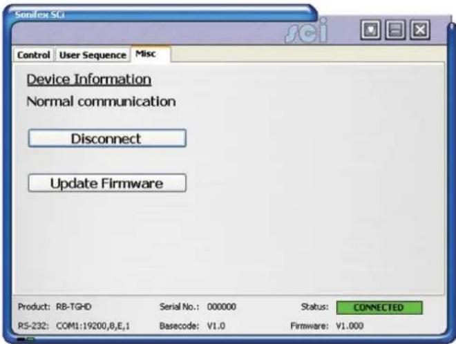 Sanifex SC Control User Sequence Misc Device Information Normal communication Disconnect Update Firmware Product: RB-TGHD Serial No.: 000000 Status: CONNECTED RS-232: COM1:19200,B,E,1 Basecode: V1.0 Firmware: V1.000