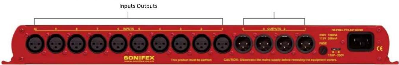 Inputs Outputs 10 2 8 7 6 INPUTS 5 4 3 2 1 4 3 OUTPUTS 2 BONIFEX This product must be earthed CAUTION: Disconnect the grille supply before removing the equipment covers. PB-Pease: PVC SET METER 230V 100mA 115V 200mA FUSE 115V - 230V CE